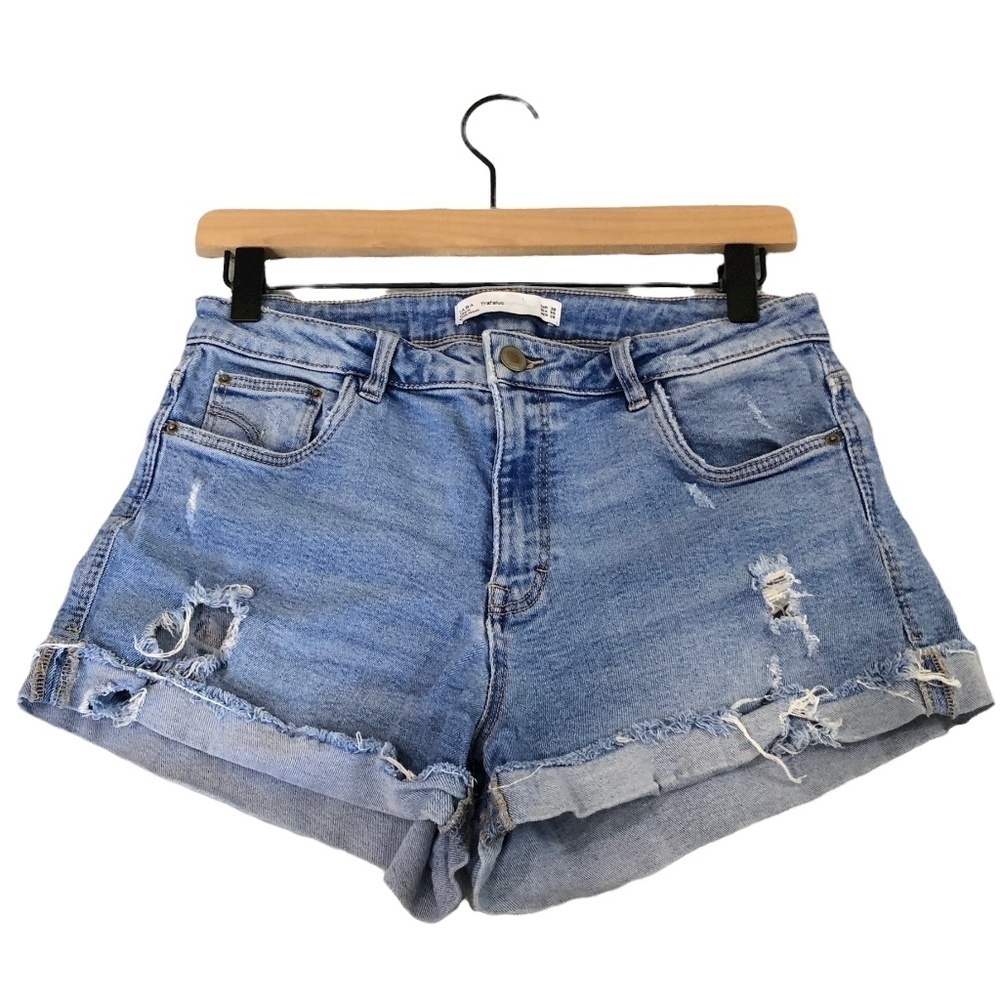 Zara High Waisted Vintage Collection Distressed Rolled Cuff Denim Jean Shorts